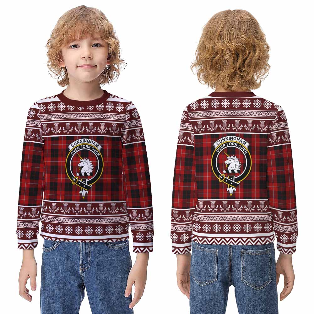 Cunningham Clan Tartan Christmas Kid Ugly Sweatshirt with Family Crest - Tartan Vibes Clothing
