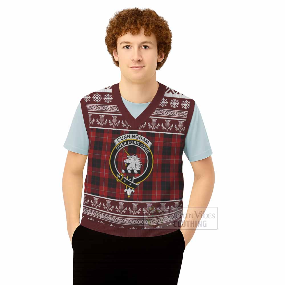 Cunningham Clan Tartan Christmas Knitted V-Neck Vest with Family Crest - Tartan Vibes Clothing