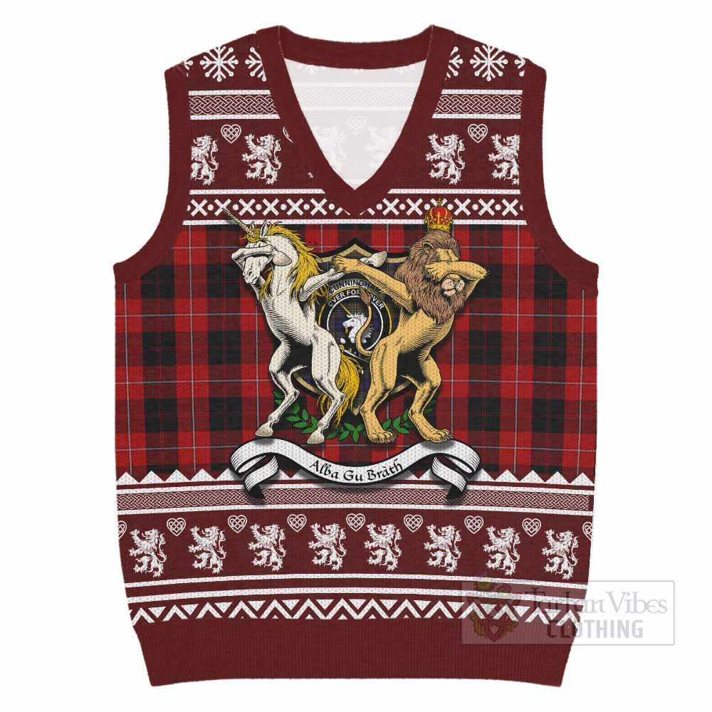 Cunningham Clan Tartan Crest Christmas Knitted V-Neck Vest Coat of Arms Funny Style - Tartan Vibes Clothing
