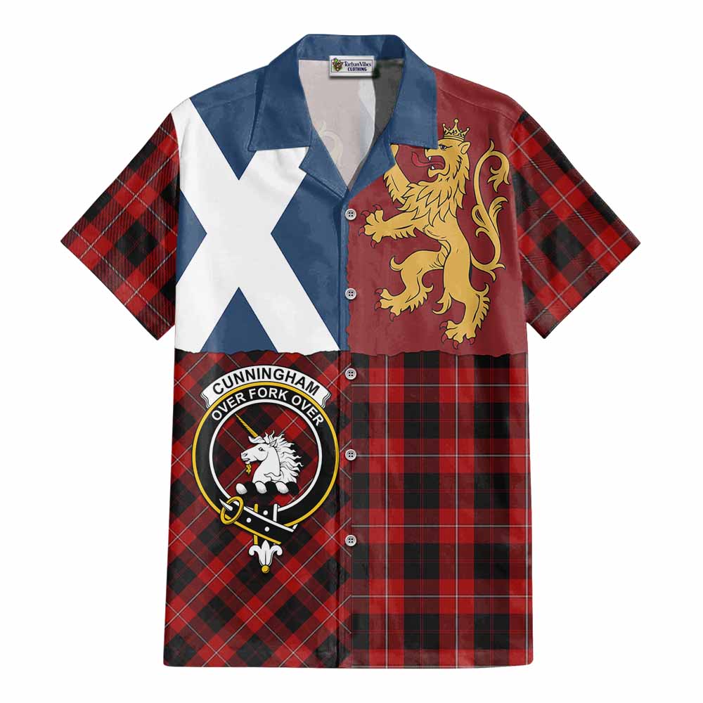 Cunningham Crest Tartan Cotton Hawaiian Shirt with Lion Rampant Saltire Style - Tartan Vibes Clothing