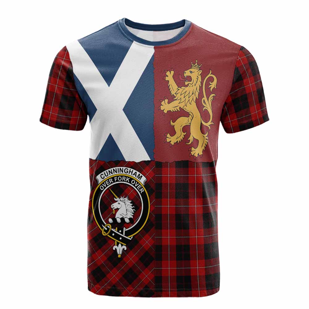 Cunningham Crest Tartan Cotton T-shirt with Lion Rampant Saltire Style - Tartan Vibes Clothing