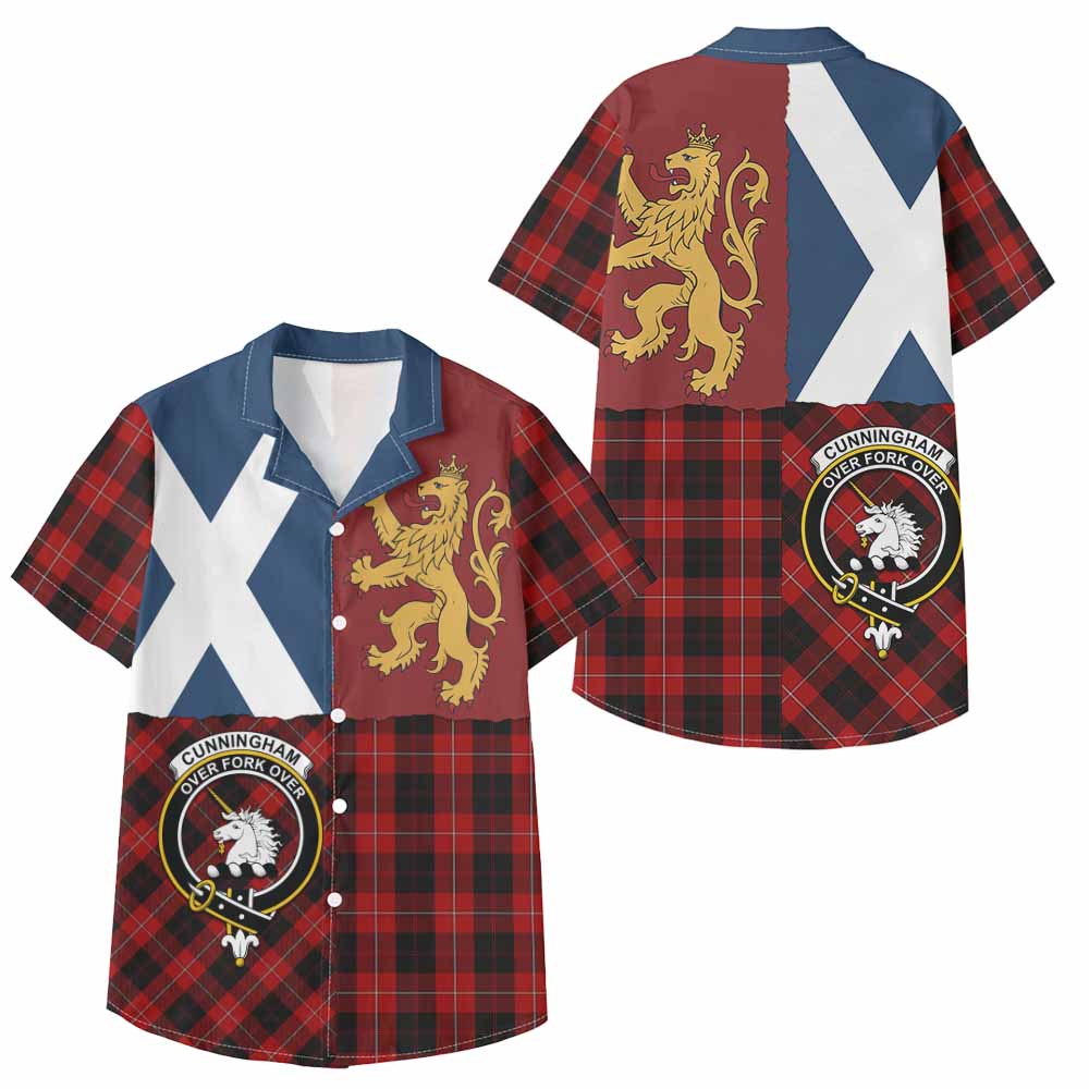 Cunningham Crest Tartan Kid Hawaiian Shirt with Lion Rampant Saltire Style - Tartan Vibes Clothing