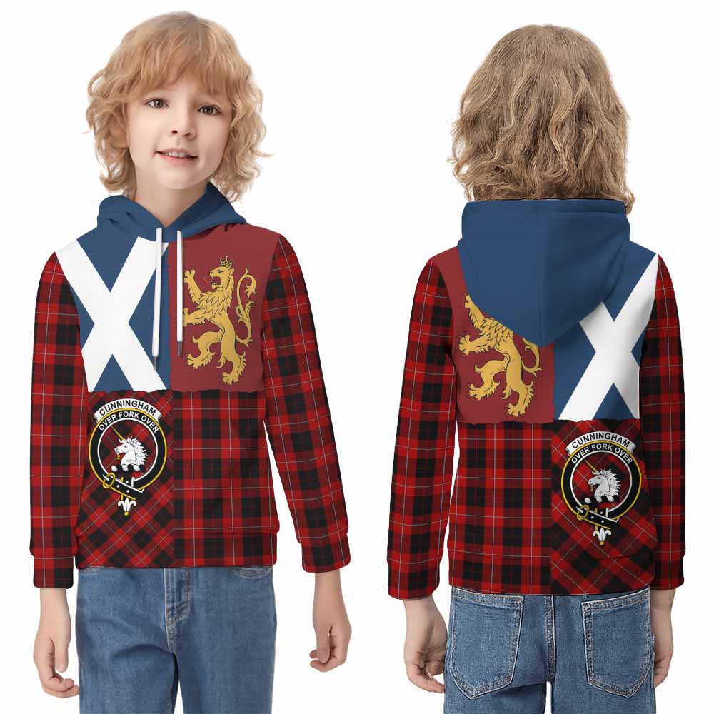 Cunningham Crest Tartan Kid Hoodie with Lion Rampant Saltire Style - Tartan Vibes Clothing