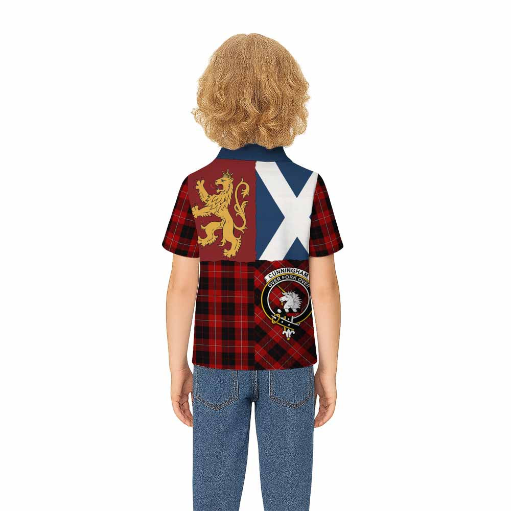 Cunningham Crest Tartan Kid Polo Shirt with Lion Rampant Saltire Style - Tartan Vibes Clothing