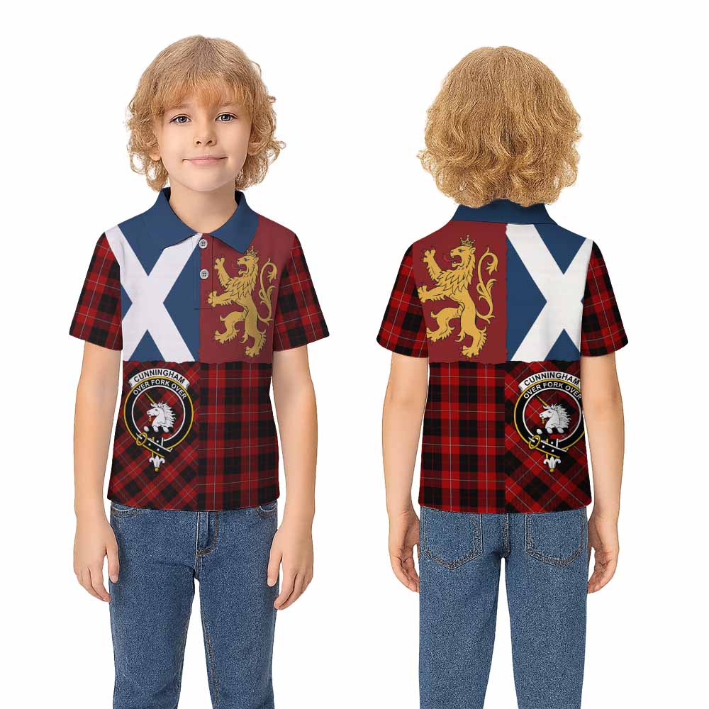 Cunningham Crest Tartan Kid Polo Shirt with Lion Rampant Saltire Style - Tartan Vibes Clothing