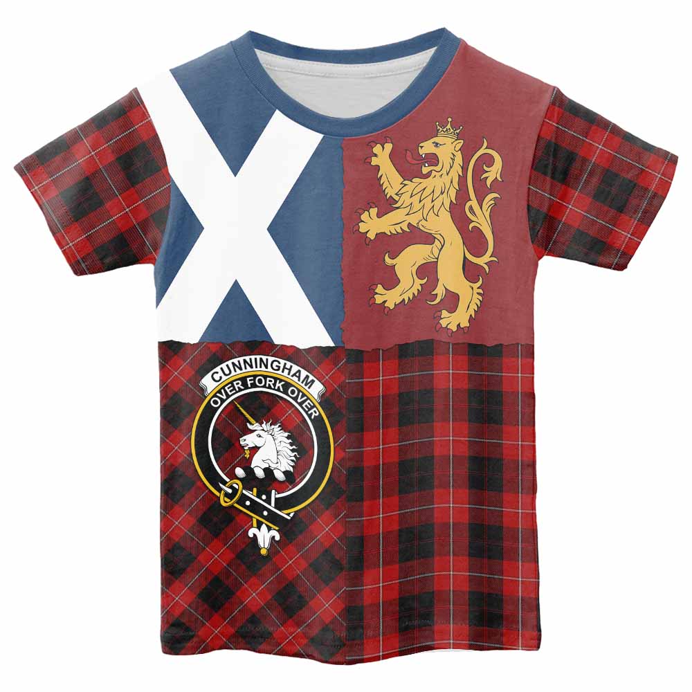 Cunningham Crest Tartan Kid T-shirt with Lion Rampant Saltire Style - Tartan Vibes Clothing