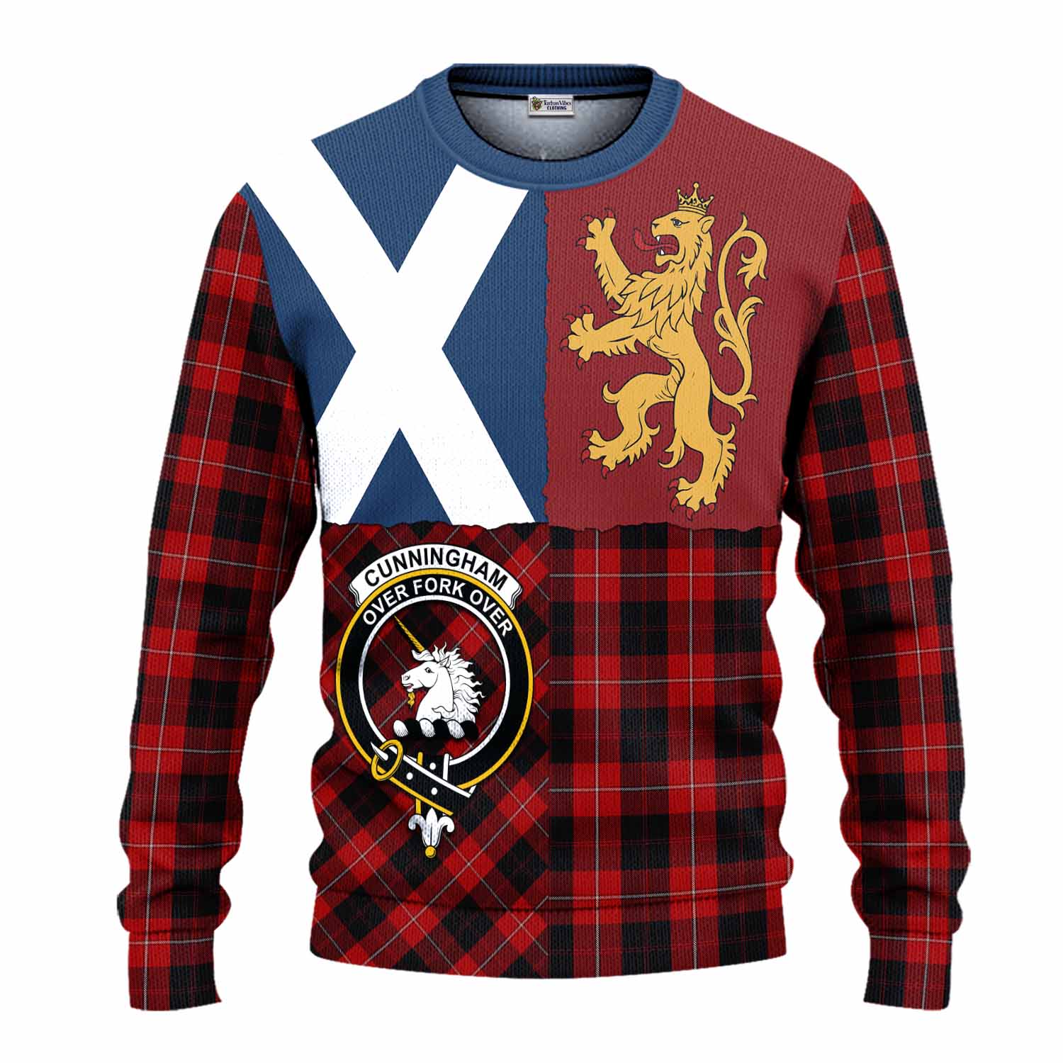 Cunningham Crest Tartan Knitted Sweater with Lion Rampant Saltire Style