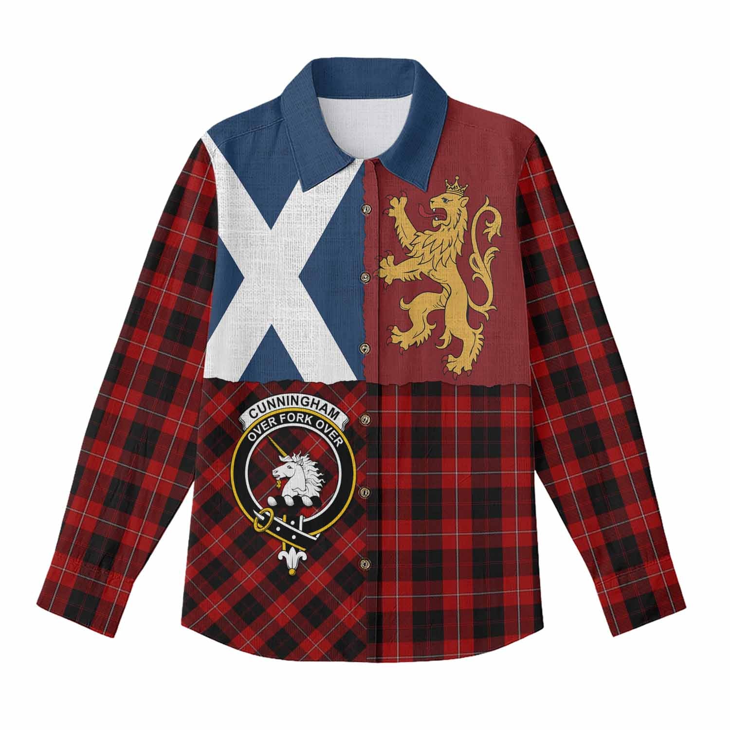 Cunningham Crest Tartan Women Casual Shirt with Lion Rampant Saltire Style