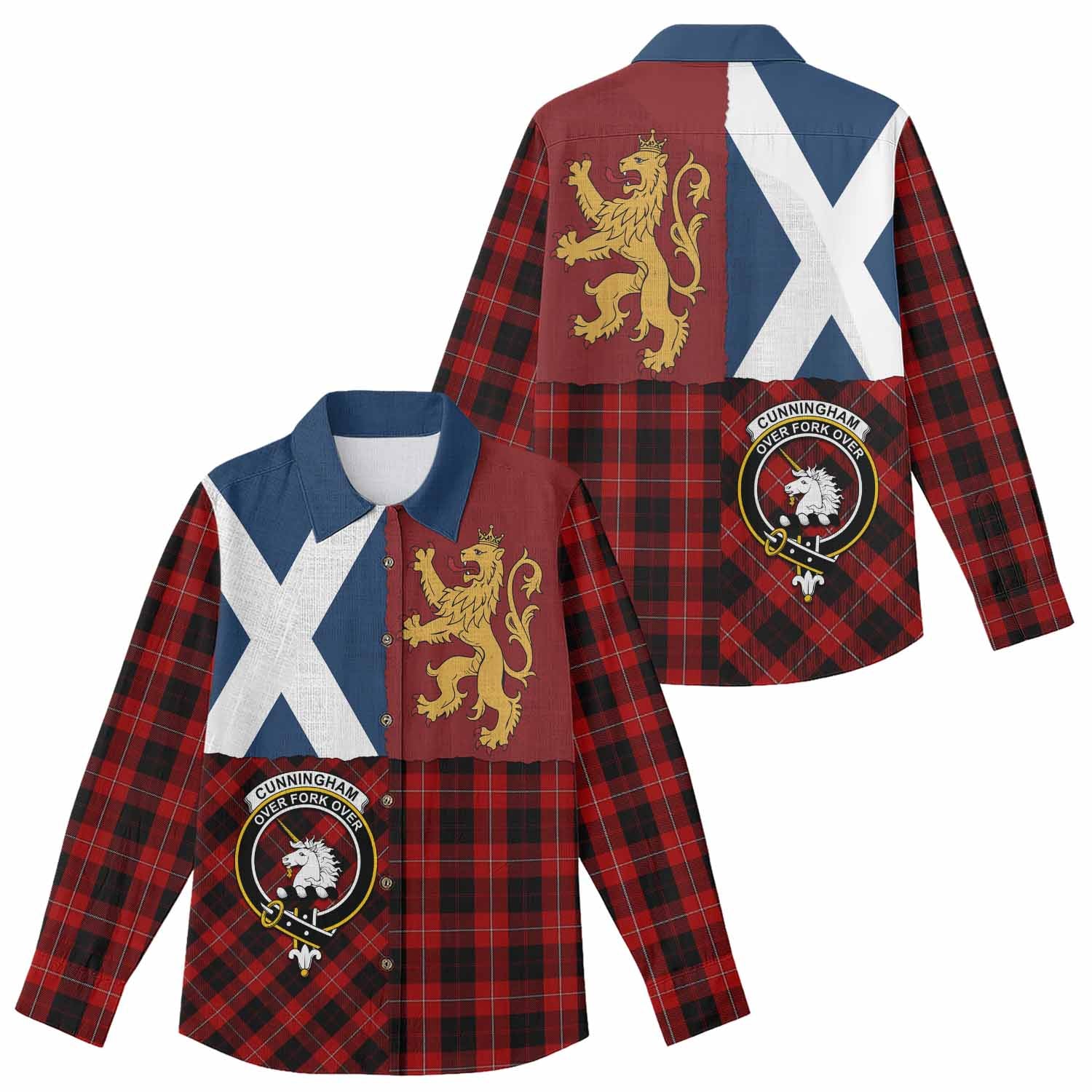 Cunningham Crest Tartan Women Casual Shirt with Lion Rampant Saltire Style