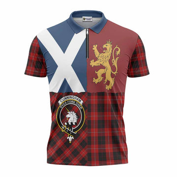 Cunningham Crest Tartan Zipper Polo Shirt with Lion Rampant Saltire Style