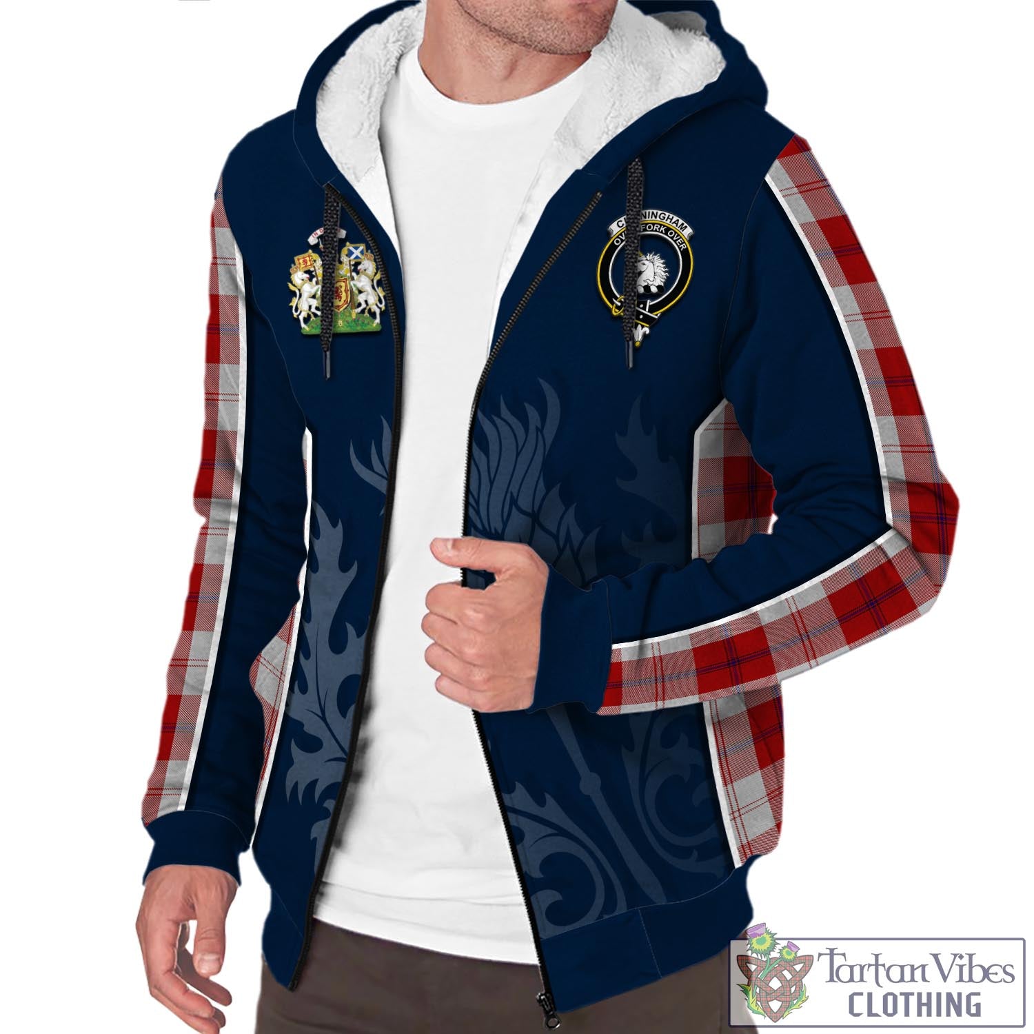 Tartan Vibes Clothing Cunningham Dress Tartan Sherpa Hoodie with Family Crest and Scottish Thistle Vibes Sport Style