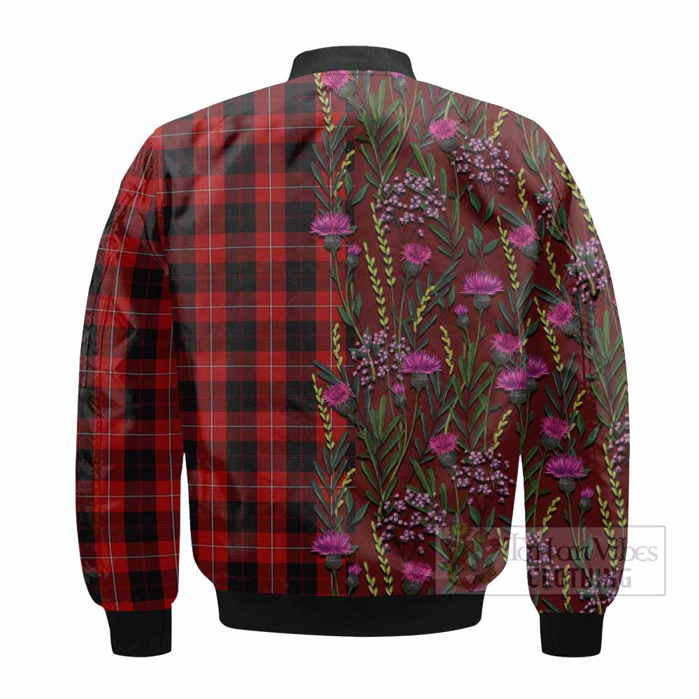 Cunningham Family Crest Tartan Bomber Jacket Scottish Thistle Flower Pattern Half Style - Tartan Vibes Clothing