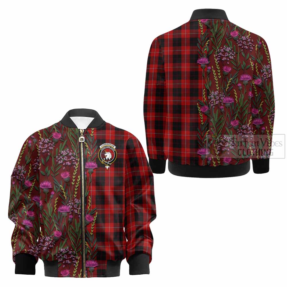 Cunningham Family Crest Tartan Kid Bomber Jacket Scottish Thistle Flower Pattern Half Style - Tartan Vibes Clothing