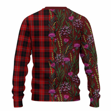 Cunningham Family Crest Tartan Knitted Sweater Scottish Thistle Flower Pattern Half Style