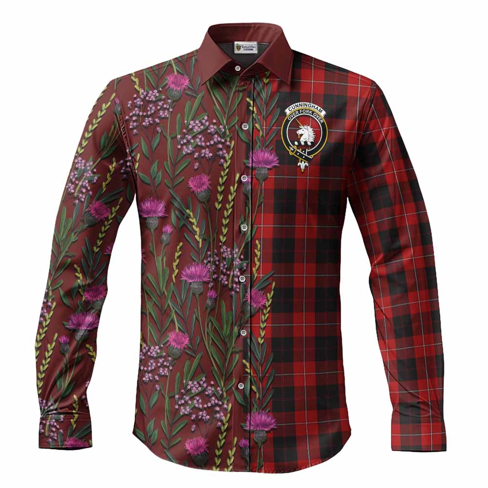 Cunningham Family Crest Tartan Long Sleeve Button Shirts Scottish Thistle Flower Pattern Half Style - Tartan Vibes Clothing