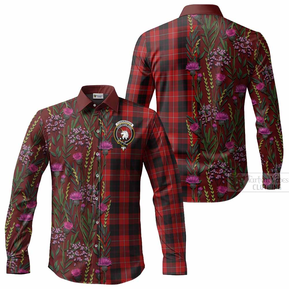 Cunningham Family Crest Tartan Long Sleeve Button Shirts Scottish Thistle Flower Pattern Half Style - Tartan Vibes Clothing