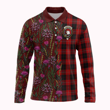 Cunningham Family Crest Tartan Long Sleeve Polo Shirt Scottish Thistle Flower Pattern Half Style