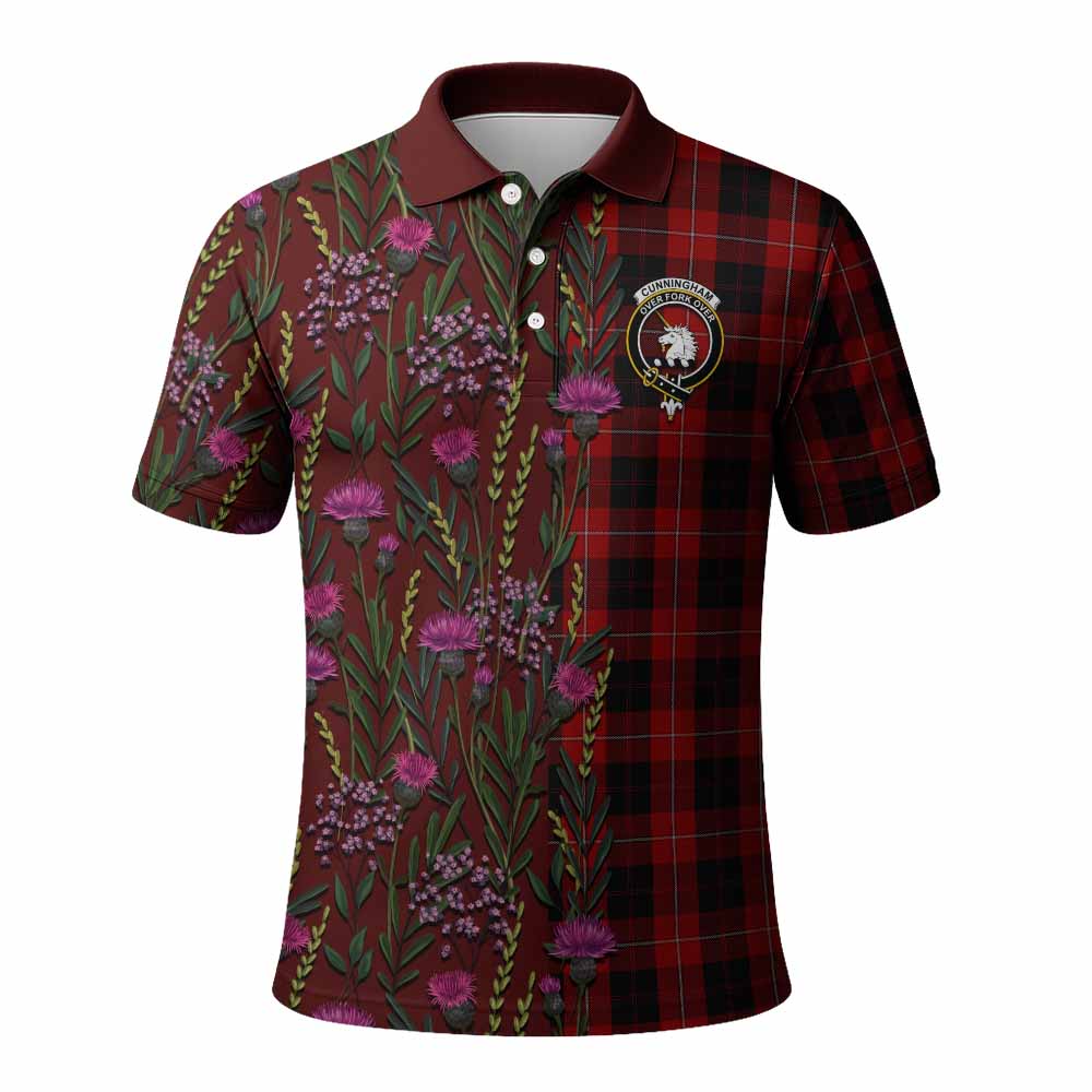 Cunningham Family Crest Tartan Polo Shirt Scottish Thistle Flower Pattern Half Style - Tartan Vibes Clothing