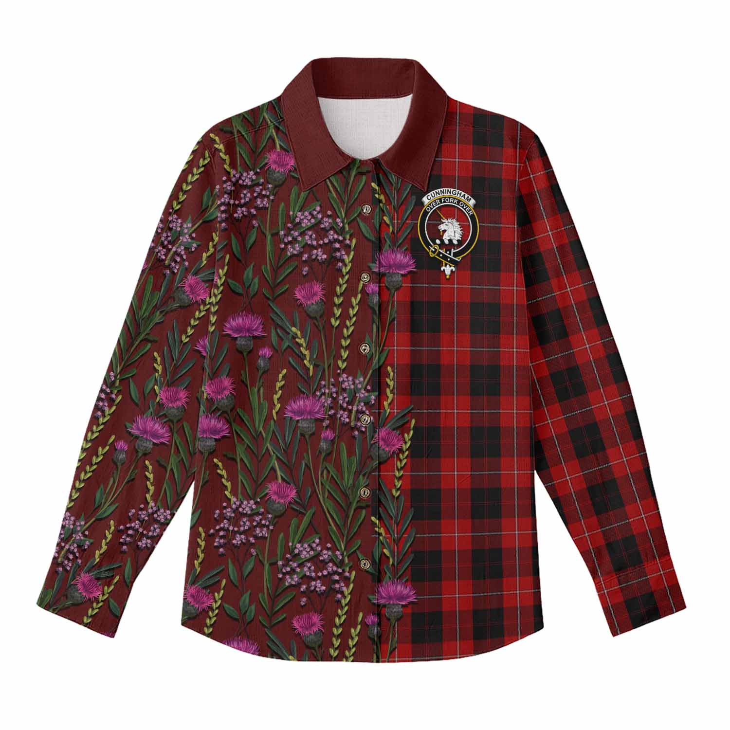 Cunningham Family Crest Tartan Women Casual Shirt Scottish Thistle Flower Pattern Half Style - Tartan Vibes Clothing