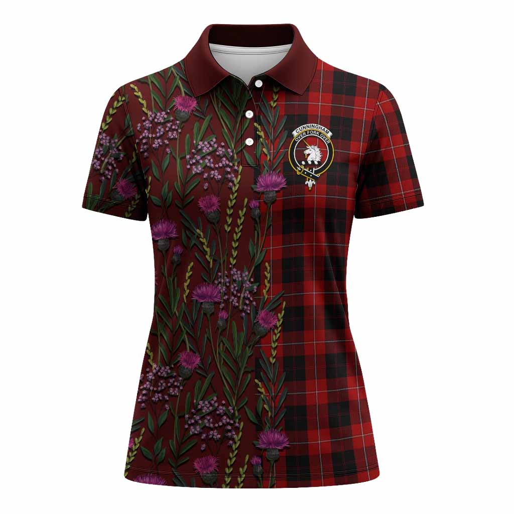 Cunningham Family Crest Tartan Women Polo Shirt Scottish Thistle Flower Pattern Half Style - Tartan Vibes Clothing