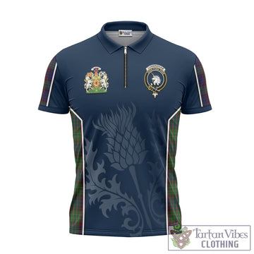 Cunningham Hunting Tartan Zipper Polo Shirt with Family Crest and Scottish Thistle Vibes Sport Style