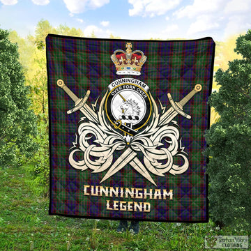 Cunningham Hunting Tartan Quilt with Clan Crest and the Golden Sword of Courageous Legacy