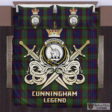 Cunningham Hunting Tartan Bedding Set with Clan Crest and the Golden Sword of Courageous Legacy