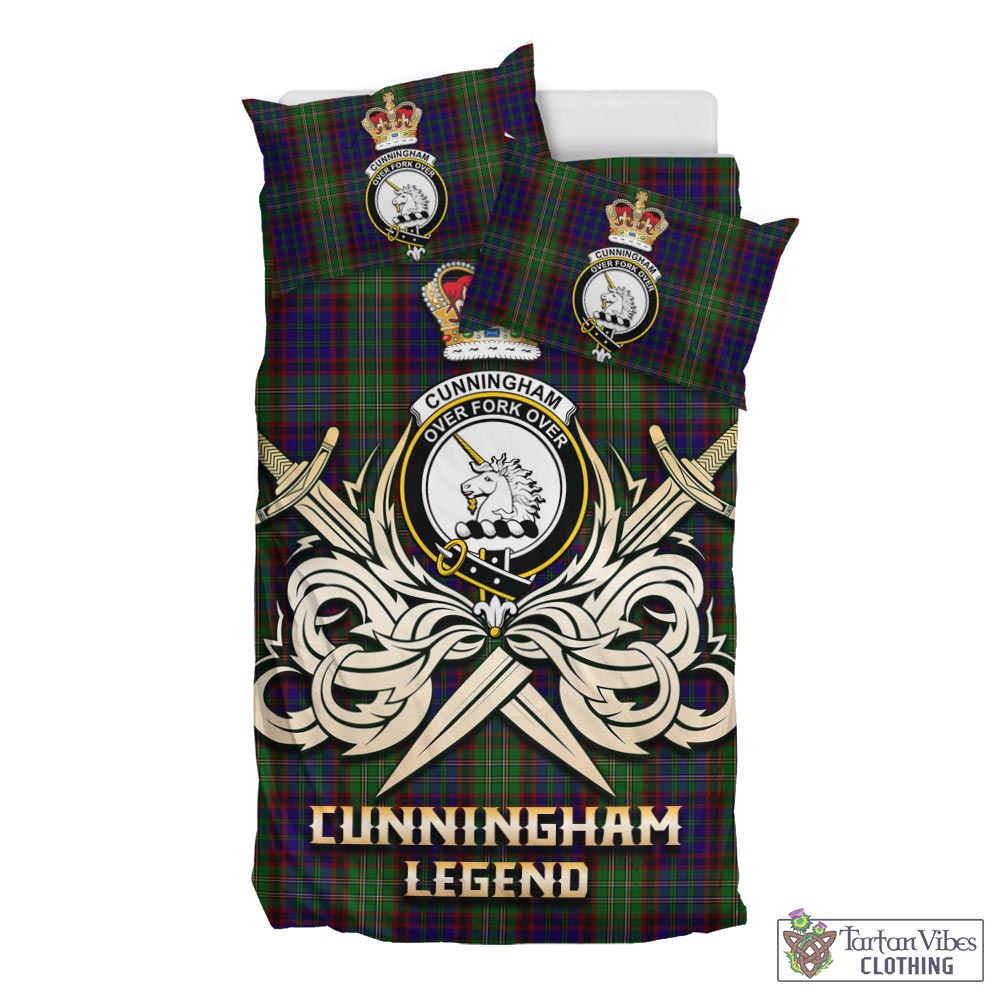 Tartan Vibes Clothing Cunningham Hunting Tartan Bedding Set with Clan Crest and the Golden Sword of Courageous Legacy