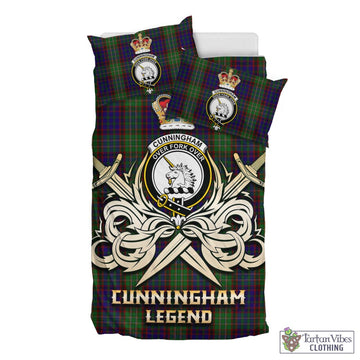 Cunningham Hunting Tartan Bedding Set with Clan Crest and the Golden Sword of Courageous Legacy