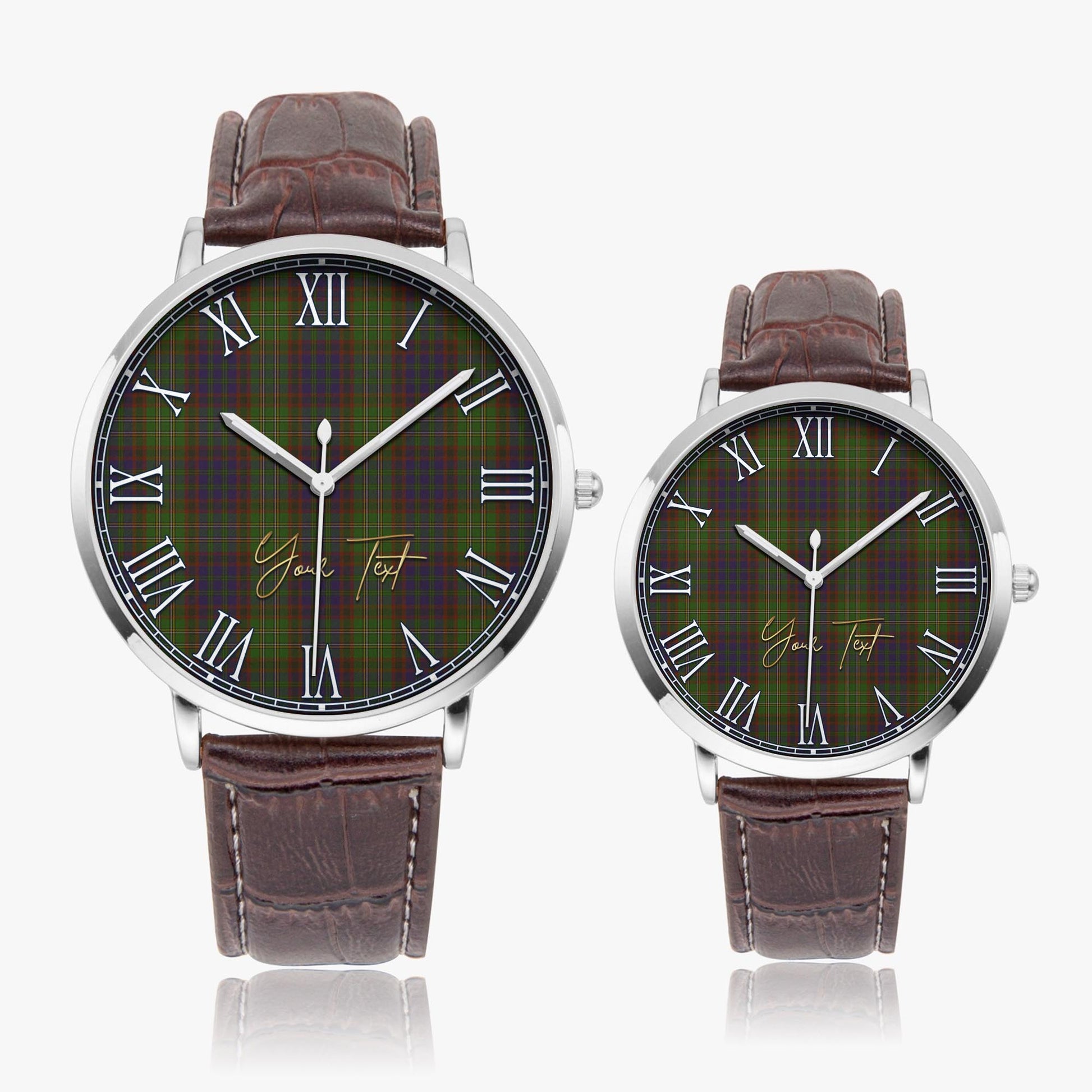 Cunningham Hunting Modern Tartan Personalized Your Text Leather Trap Quartz Watch Ultra Thin Silver Case With Brown Leather Strap - Tartanvibesclothing