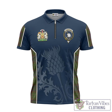 Cunningham Hunting Modern Tartan Zipper Polo Shirt with Family Crest and Scottish Thistle Vibes Sport Style