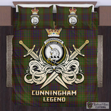 Cunningham Hunting Modern Tartan Bedding Set with Clan Crest and the Golden Sword of Courageous Legacy