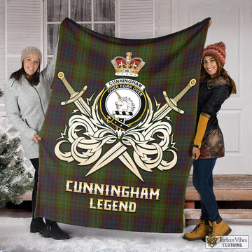 Cunningham Hunting Modern Tartan Blanket with Clan Crest and the Golden Sword of Courageous Legacy