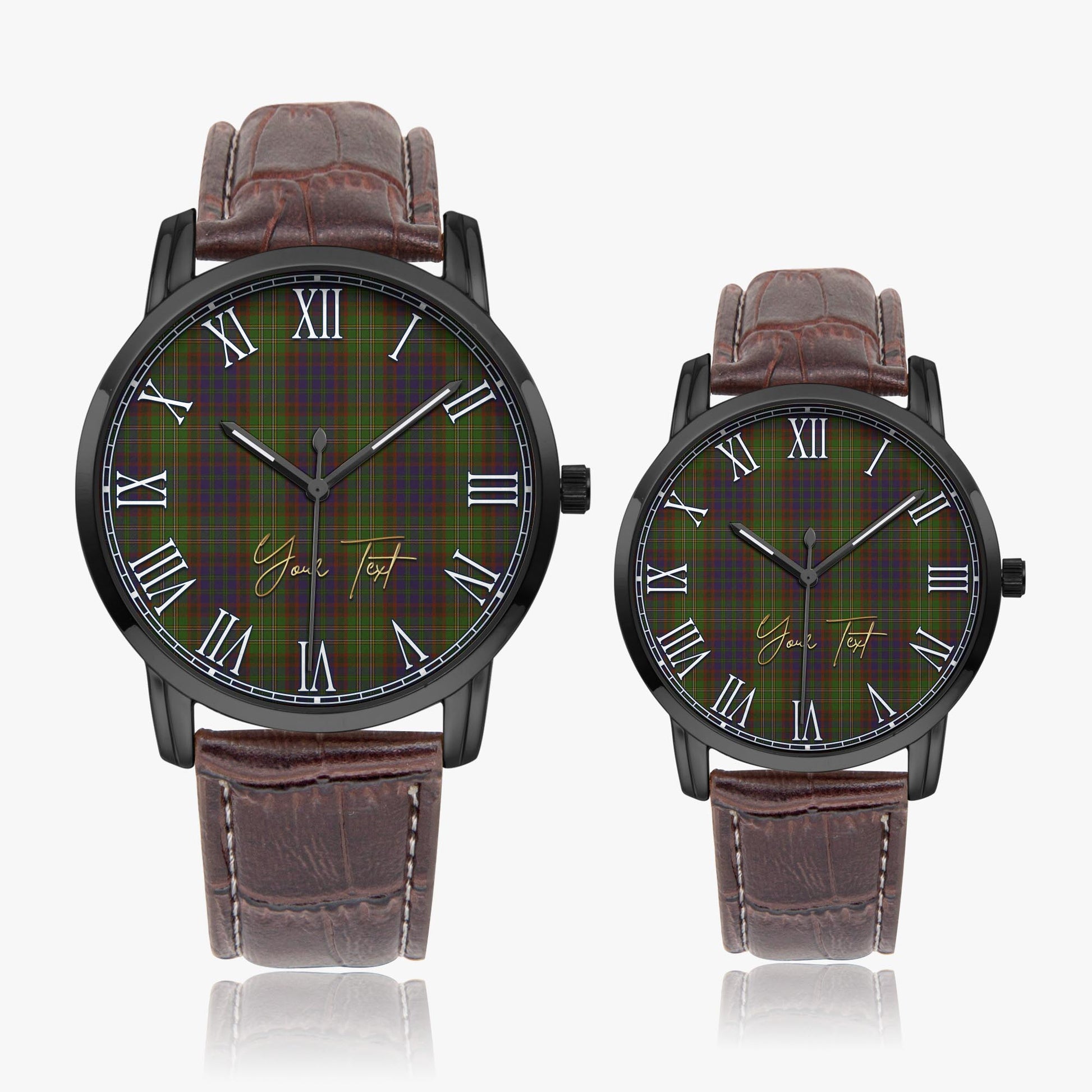 Cunningham Hunting Modern Tartan Personalized Your Text Leather Trap Quartz Watch Wide Type Black Case With Brown Leather Strap - Tartanvibesclothing