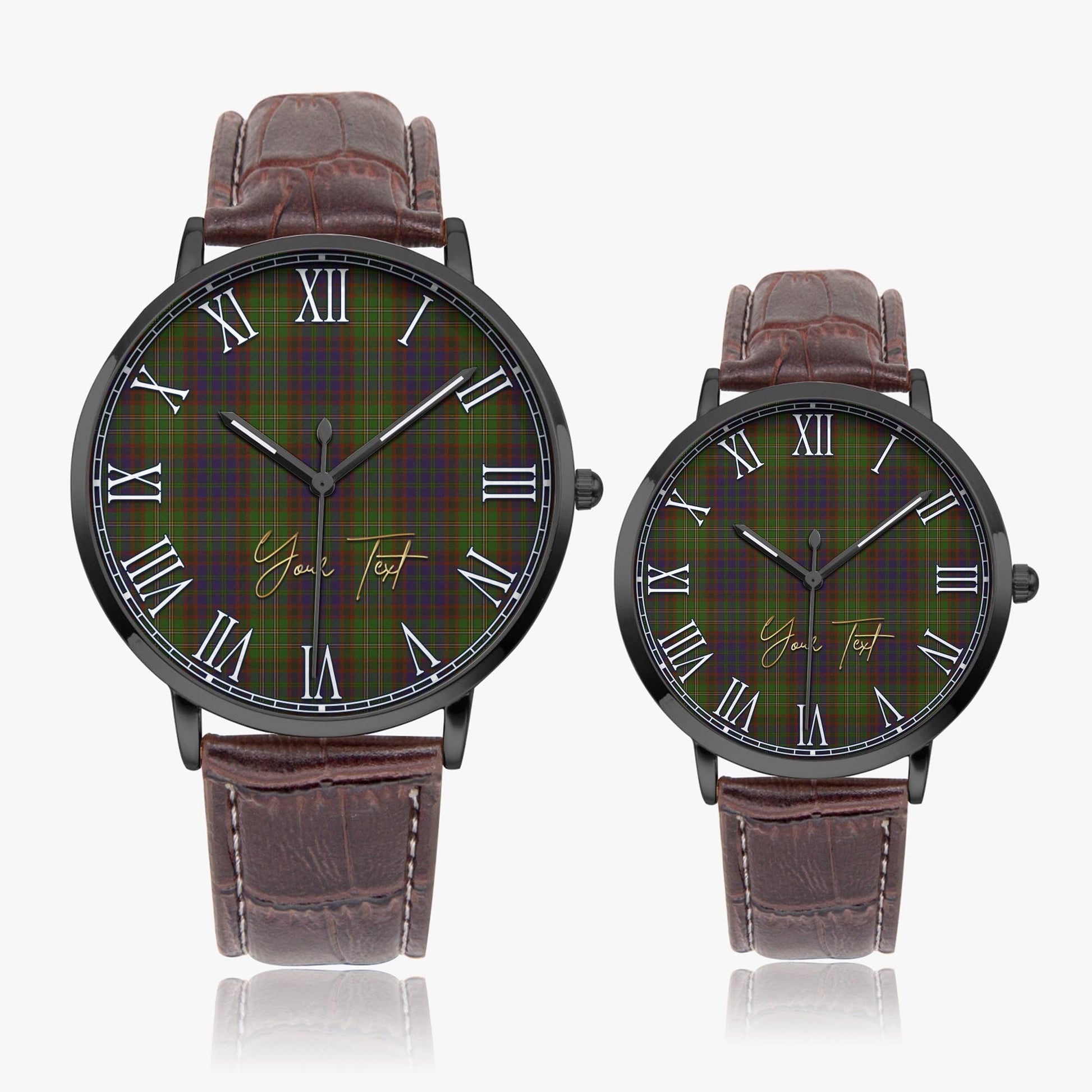 Cunningham Hunting Modern Tartan Personalized Your Text Leather Trap Quartz Watch Ultra Thin Black Case With Brown Leather Strap - Tartanvibesclothing