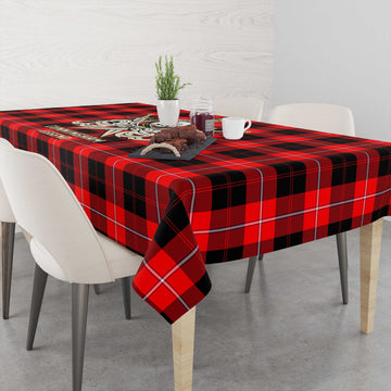 Cunningham Modern Tartan Tablecloth with Clan Crest and the Golden Sword of Courageous Legacy