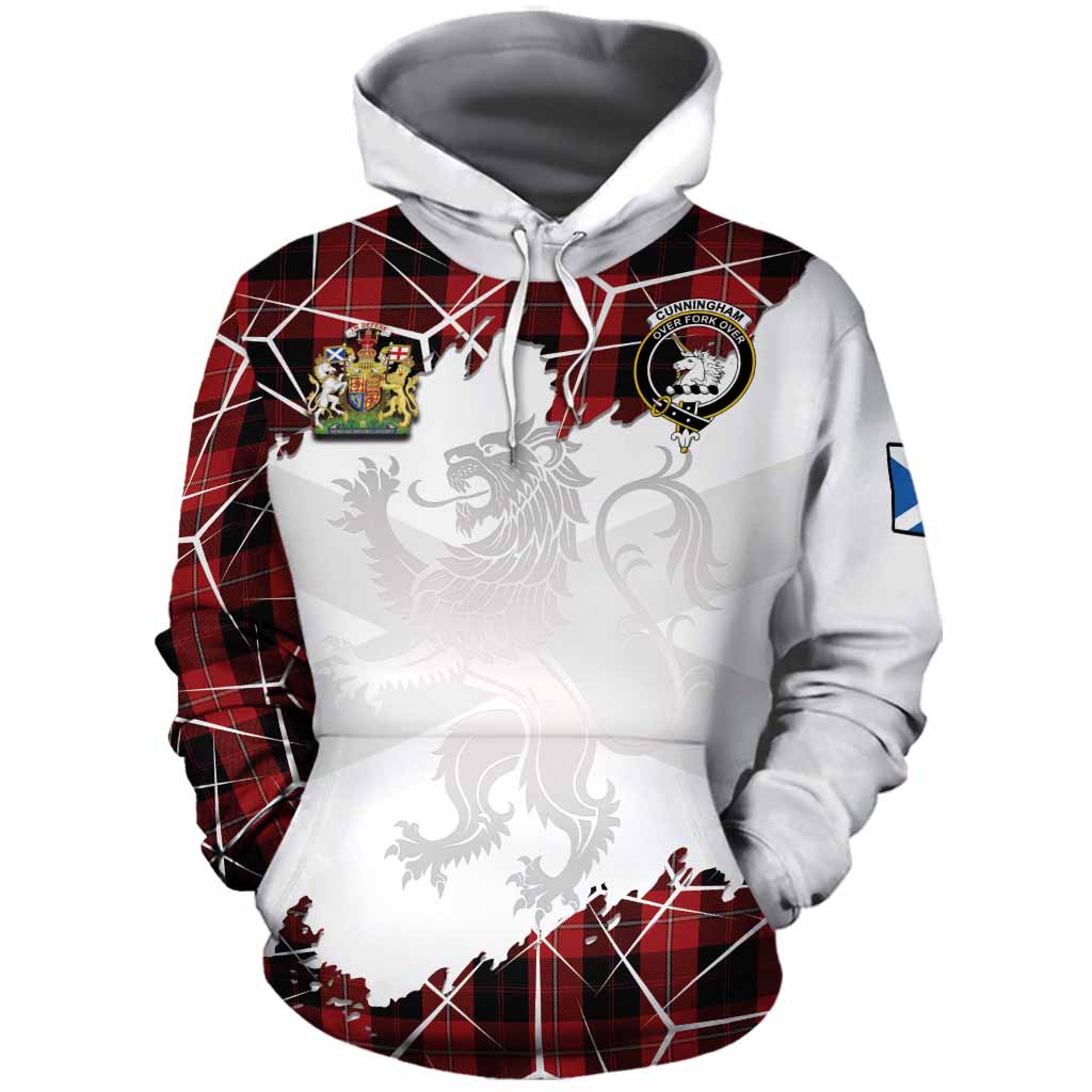 Cunningham Tartan Cotton Hoodie with Family Crest and Lion Rampant Grunge Style