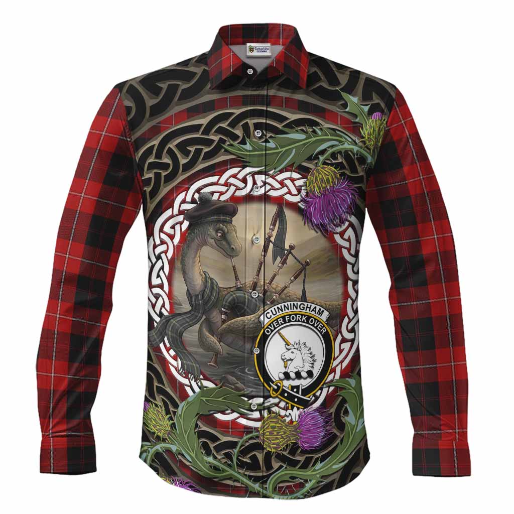 Cunningham Tartan Crest Bagpipe Nessie Long Sleeve Button Shirts Scottish Loch Ness Monster Celtic Thistle