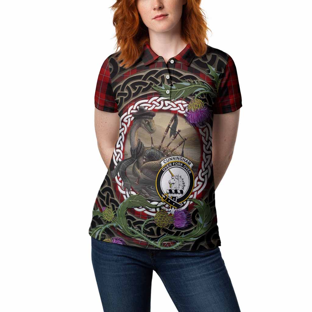 Cunningham Tartan Crest Bagpipe Nessie Women Polo Shirt Scottish Loch Ness Monster Celtic Thistle