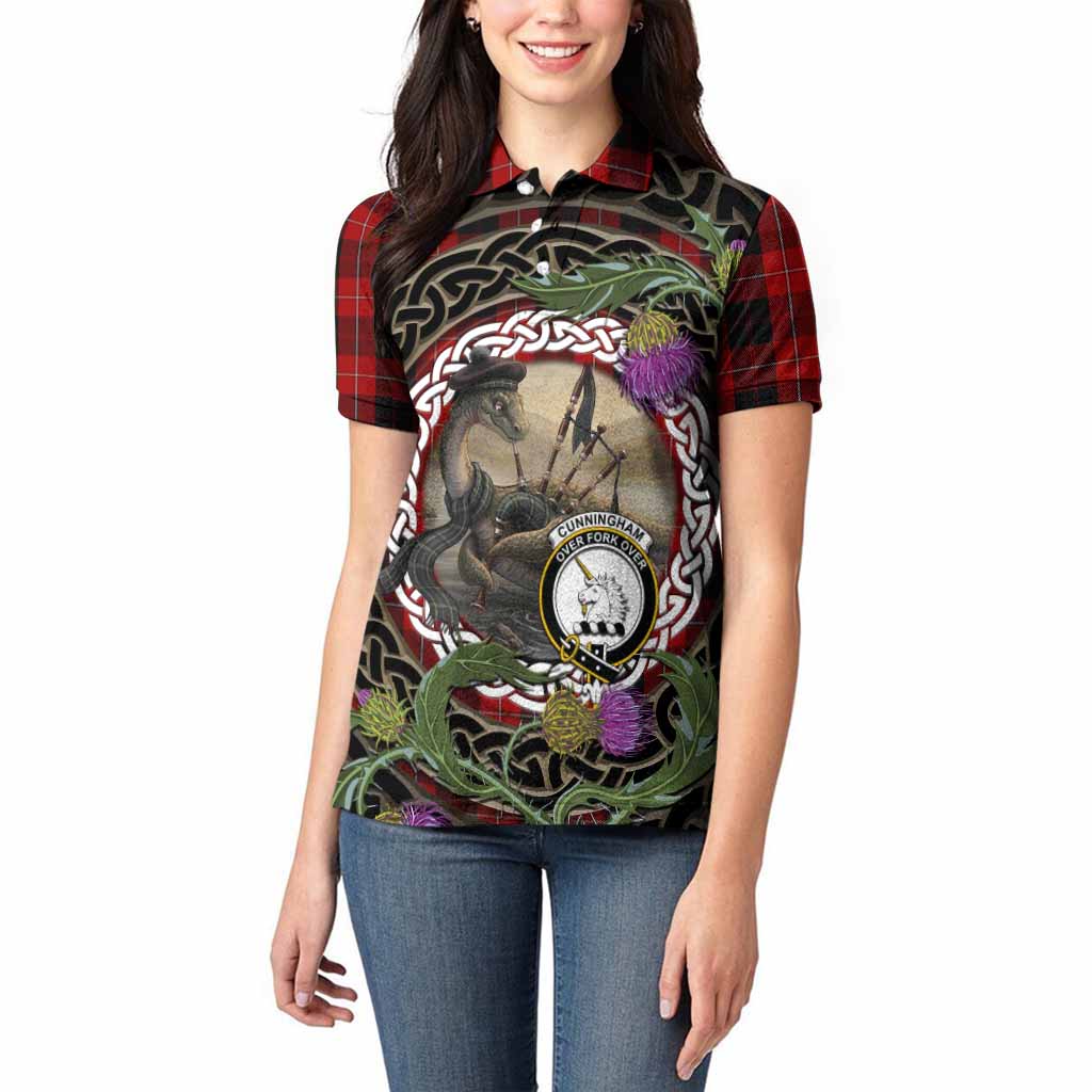 Cunningham Tartan Crest Bagpipe Nessie Women Polo Shirt Scottish Loch Ness Monster Celtic Thistle