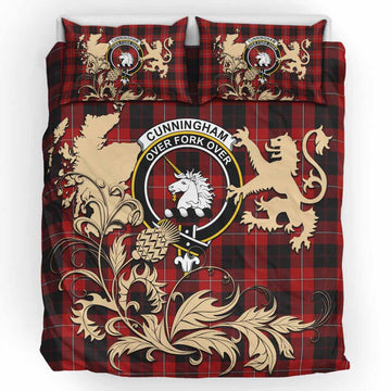 Cunningham Tartan Crest Bedding Set with Scottish Iconic Symbols 
