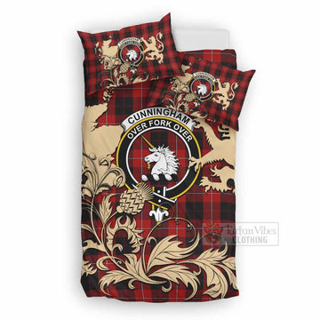Cunningham Tartan Crest Bedding Set with Scottish Iconic Symbols 