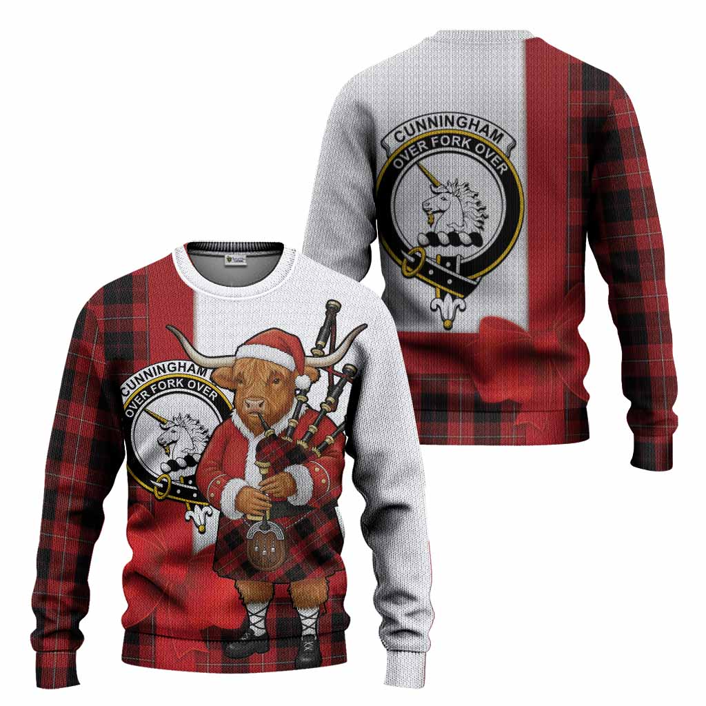 Cunningham Tartan Crest Christmas Christmas Ugly Sweater Highland Cow Bagpipes Coquette Bow Style