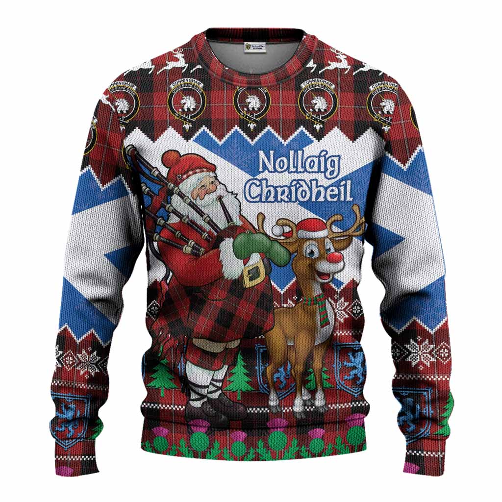 Cunningham Tartan Crest Christmas Christmas Ugly Sweater Scotland Santa With Bagpipes Cute Reindeer