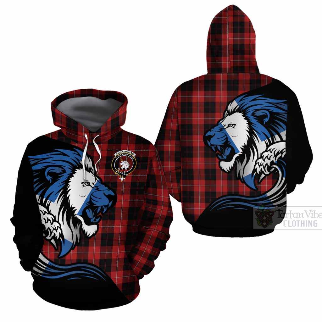 Cunningham Tartan Crest Cotton Hoodie Scottish Golden Lions Wave Flow