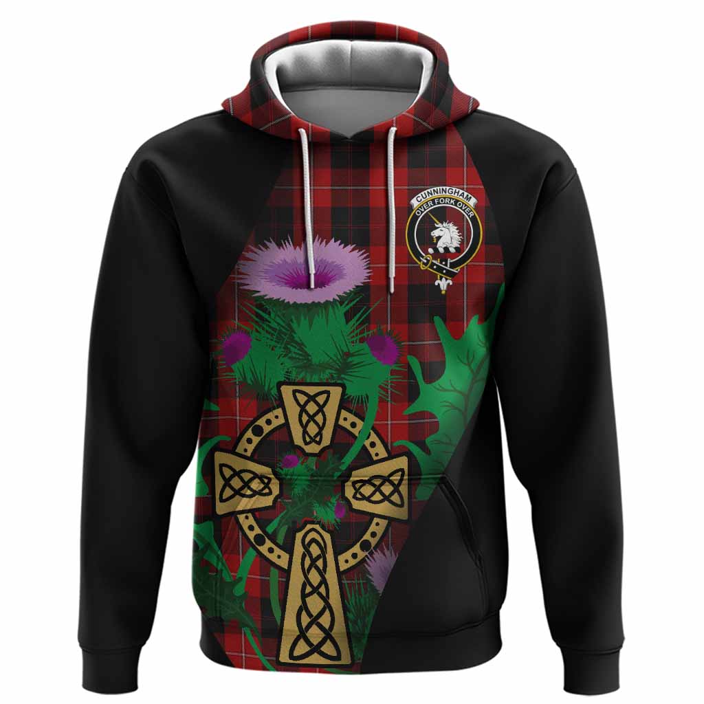 Cunningham Tartan Crest Hoodie Celtic Cross Thistle Flowers
