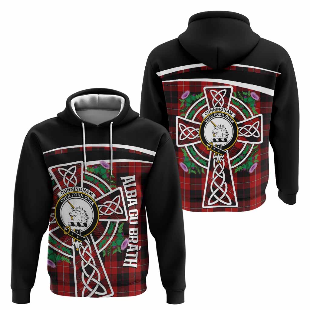 Cunningham Tartan Crest Hoodie Scottish Thistle Celtic Cross Alba Gu Brath