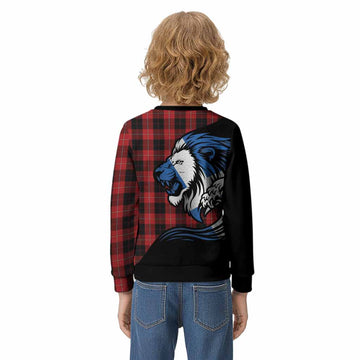 Cunningham Tartan Crest Kid Knitted Sweatshirt Scottish Golden Lions Wave Flow