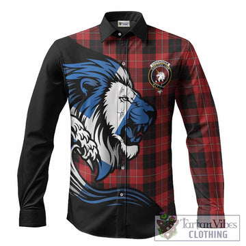 Cunningham Tartan Crest Long Sleeve Button Shirts Scottish Golden Lions Wave Flow
