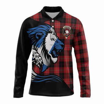 Cunningham Tartan Crest Long Sleeve Polo Shirt Scottish Golden Lions Wave Flow